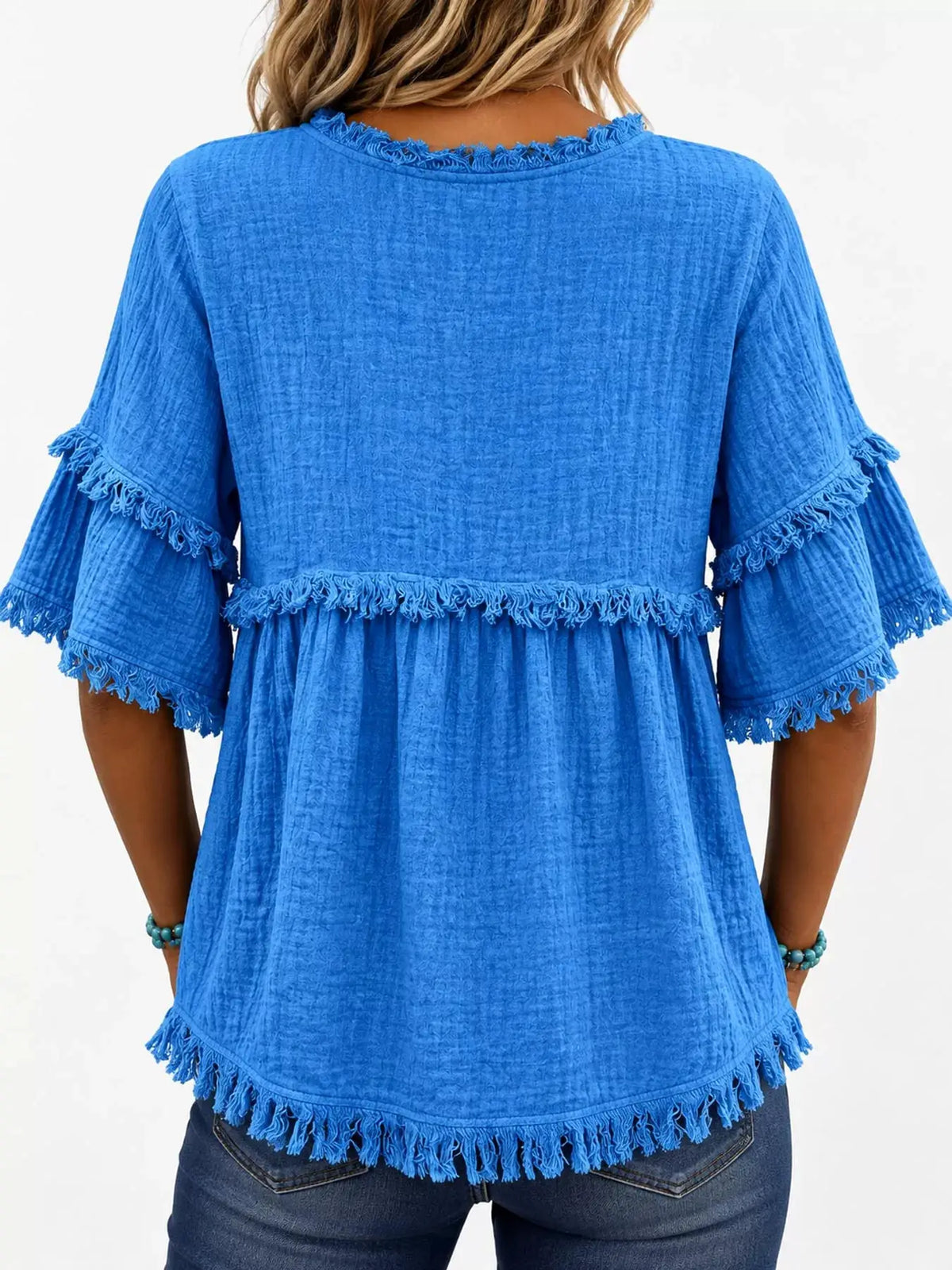 Full Size Frayed Edge Textured Blouse Plus Size by Trendsi