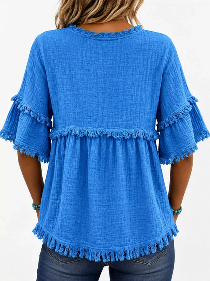 Full Size Frayed Edge Textured Blouse Plus Size by Trendsi