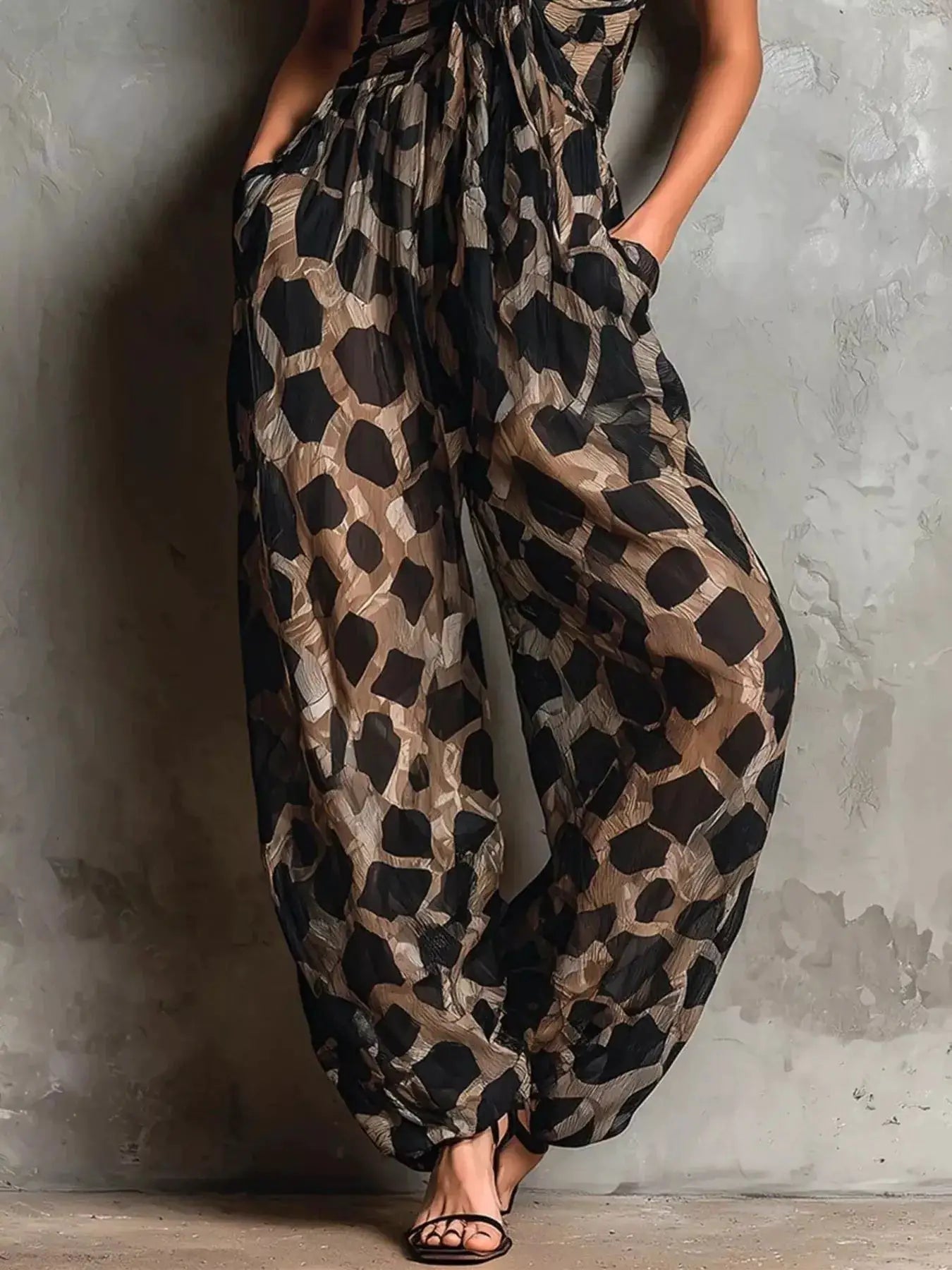 Leopard Front Tie Detail Wide-Leg Jumpsuit by Trendsi