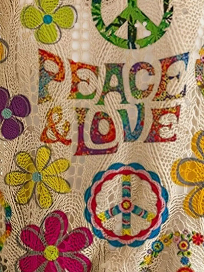 Boho Chic Peace & Love Print Crochet Knit Top by Trendsi