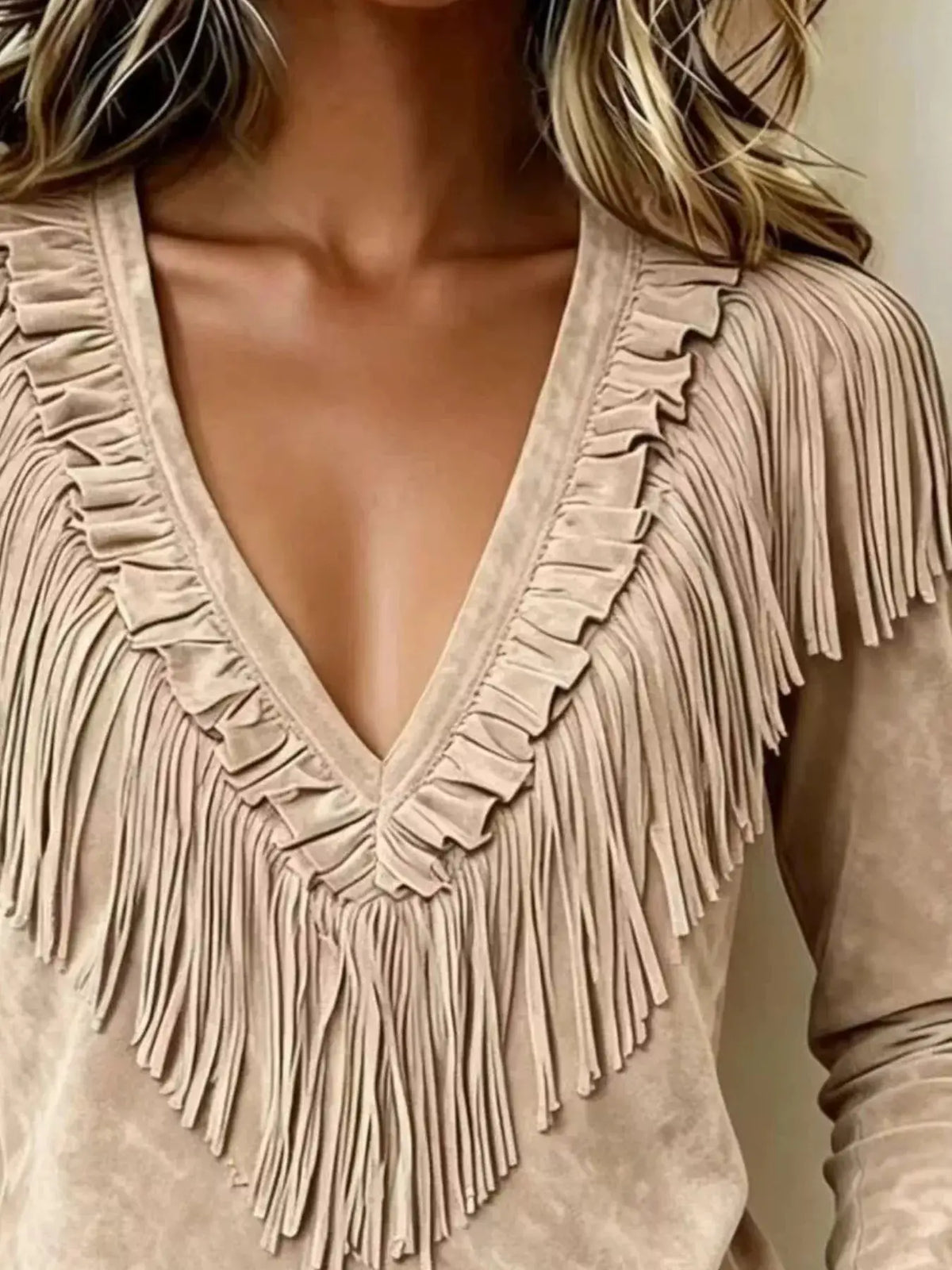 Fringed V-Neck Blouse by Trendsi