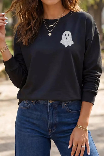 Round Neck Ghost Print Regular Fit Graphic Long Sleeve T-Shirt by Trendsi