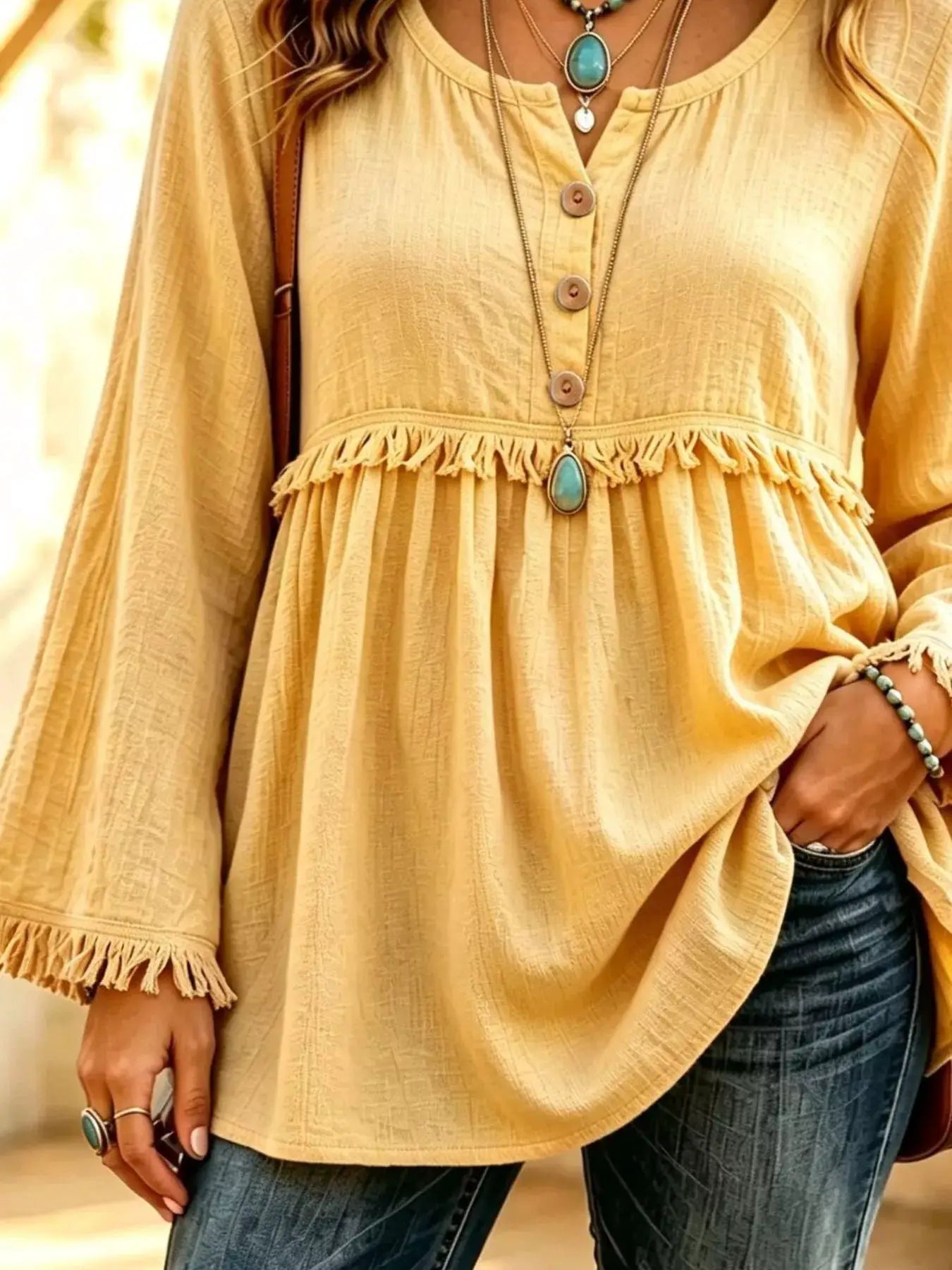 Button-Down Detail Fringed Hem Blouse by Trendsi
