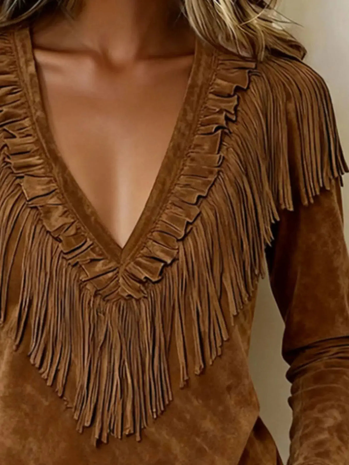 Fringed V-Neck Blouse by Trendsi