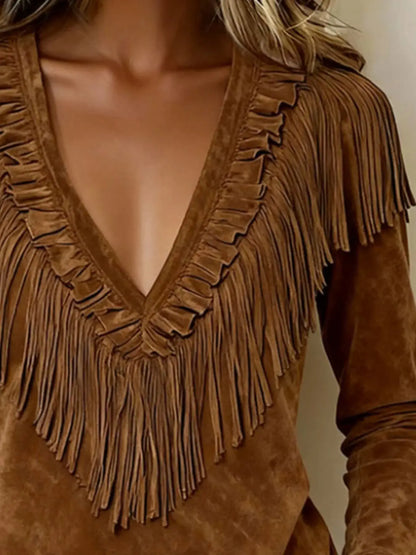 Fringed V-Neck Blouse by Trendsi