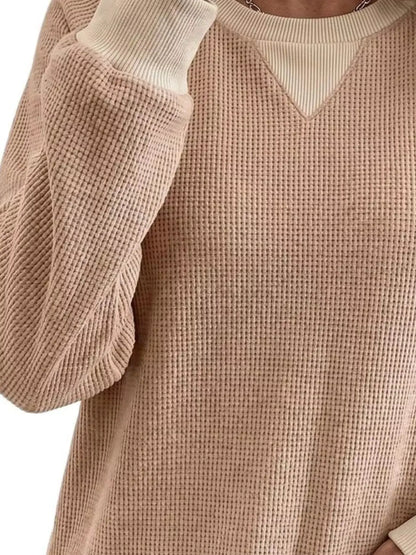 Waffle Knit Crew Neck Long Sleeve Sweatshirt by Trendsi