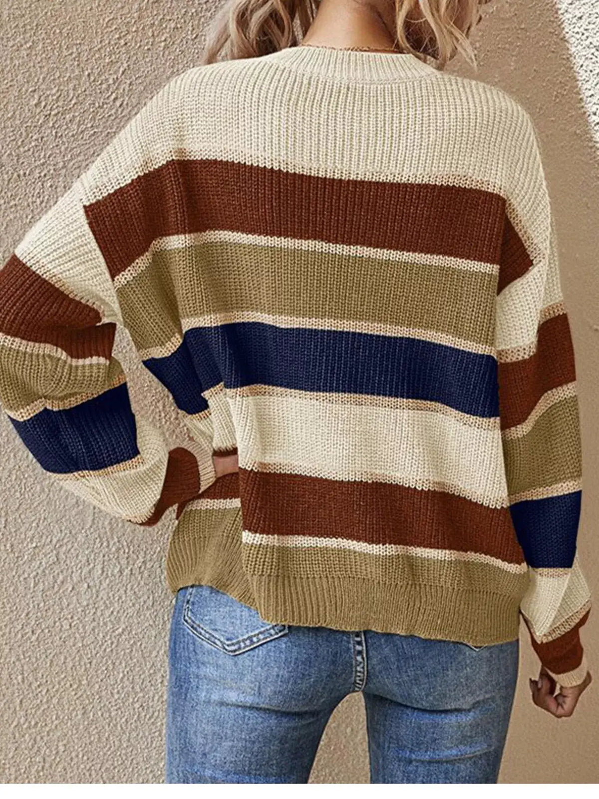 Color Block Striped Crew Neck Sweater by Trendsi