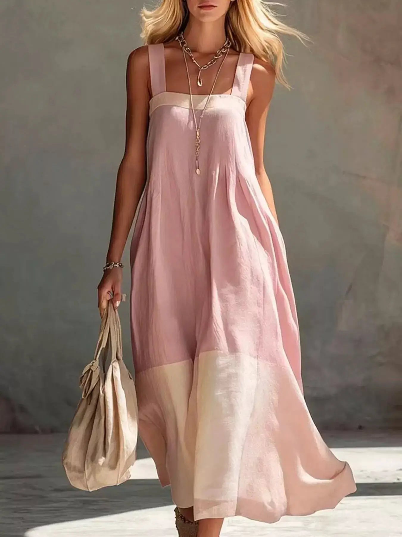 Color-Block Sleeveless Linen-Blend Midi Dress by Trendsi