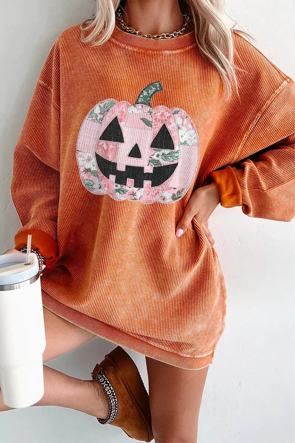 Patchwork Pumpkin Graphic Corded Ribbed Round Neck Tunic Sweatshirt by Trendsi