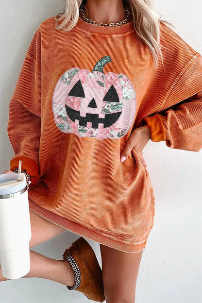 Patchwork Pumpkin Graphic Corded Ribbed Round Neck Tunic Sweatshirt by Trendsi