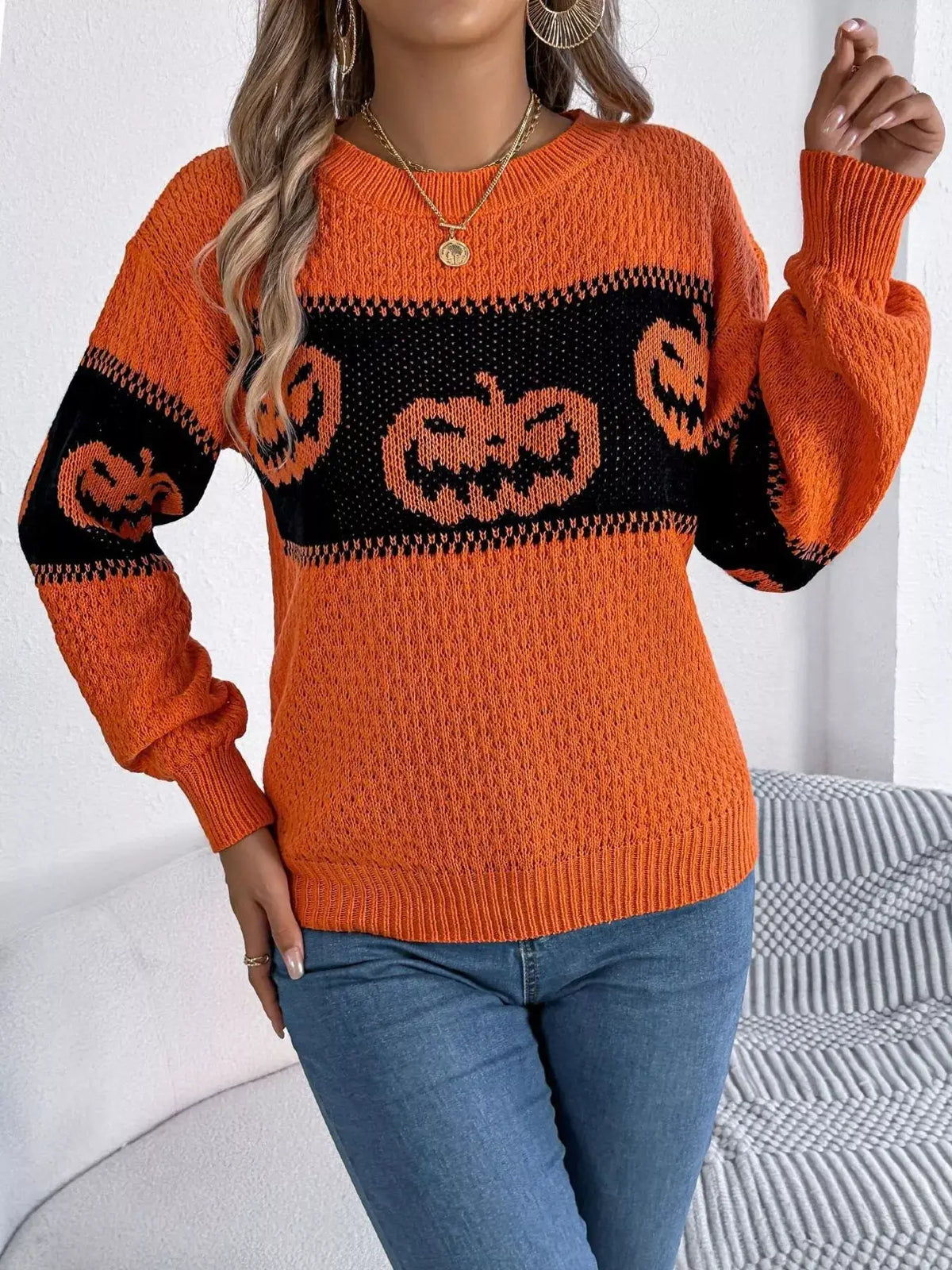 Halloween Pumpkin Pattern Round Neck Sweater by Trendsi