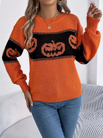 Halloween Pumpkin Pattern Round Neck Sweater by Trendsi