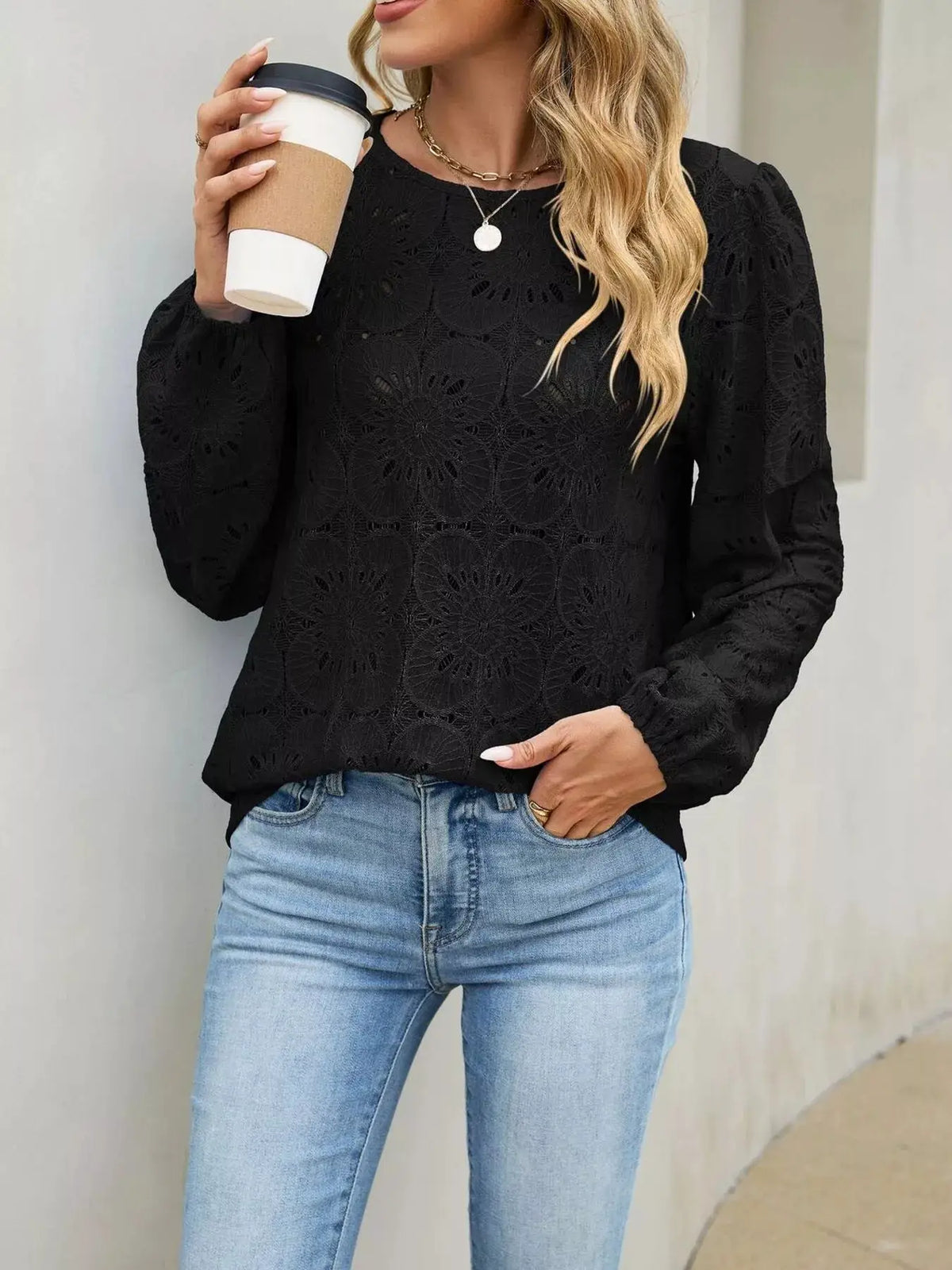 Floral Eyelet Lace Long Sleeve Blouse by Trendsi