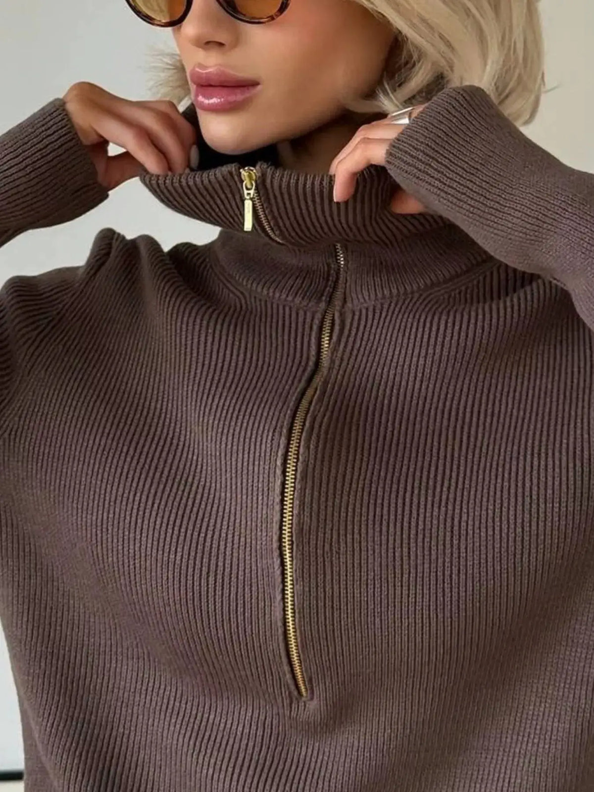 Ribbed Knit Quarter-Zip Sweater by Trendsi