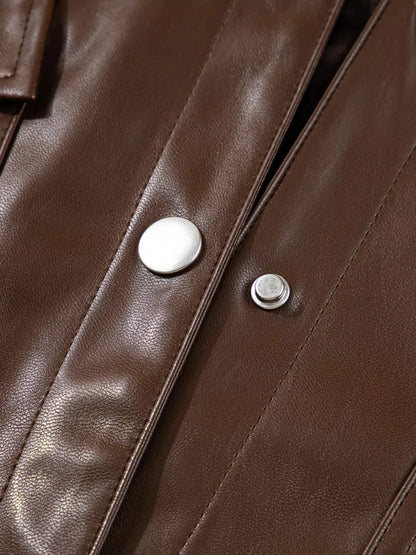 Double Flap Pocket Drawstring Hem Leather Jacket by Trendsi