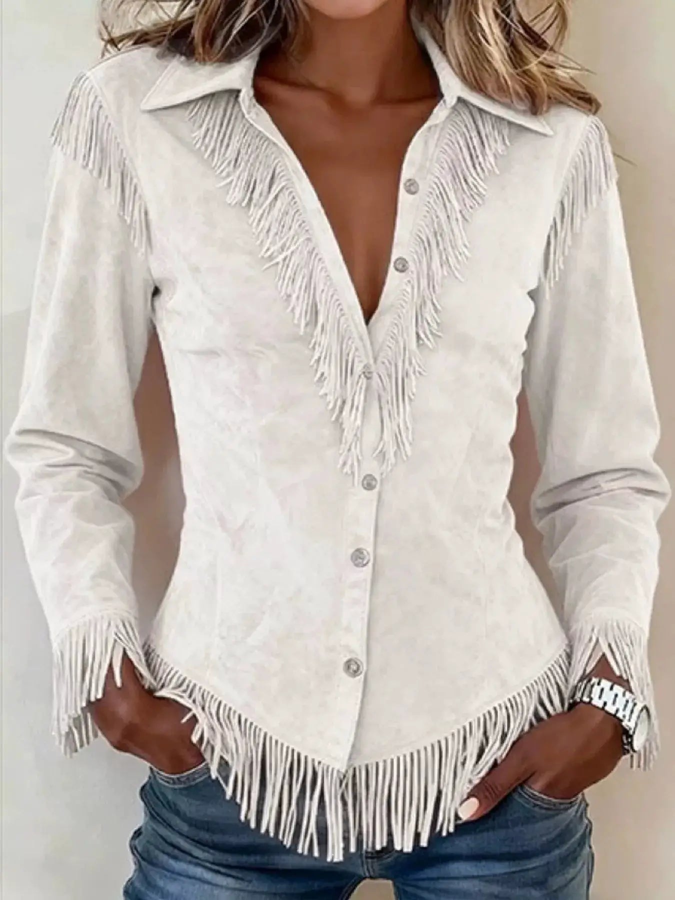 Fringed Button Up Long Sleeve Shirt by Trendsi