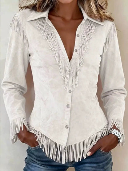 Fringed Button Up Long Sleeve Shirt by Trendsi