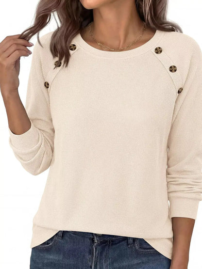 Decorative Button Waffle Knit Long Sleeve T-Shirt by Trendsi