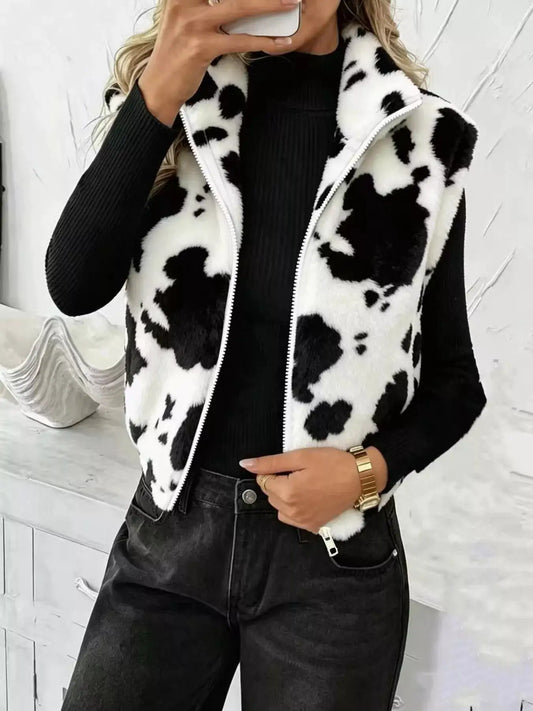 Animal Print Zip Up Vest Coat by Trendsi