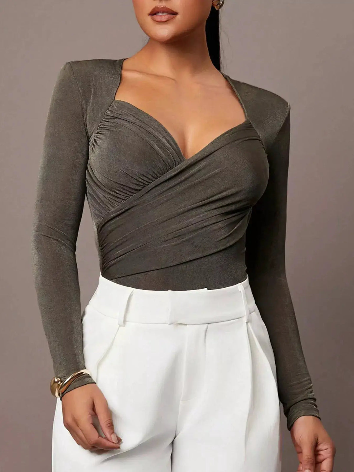 Ruched Surplice Long Sleeve Bodysuit by Trendsi