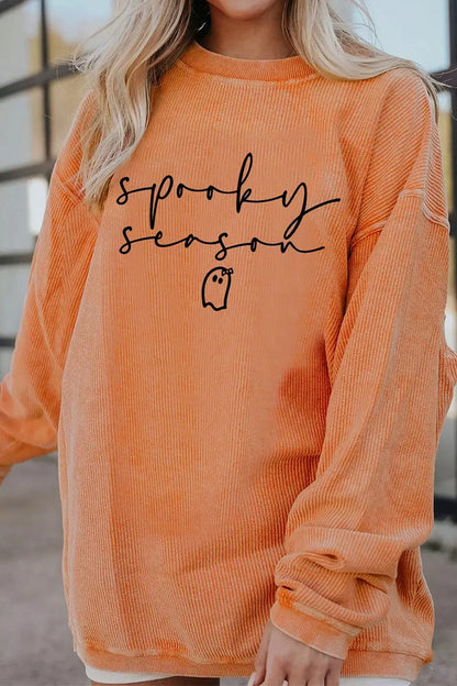 Spooky Season Ghost Letter Cozy Ribbed Pullover Sweatshirt by Trendsi