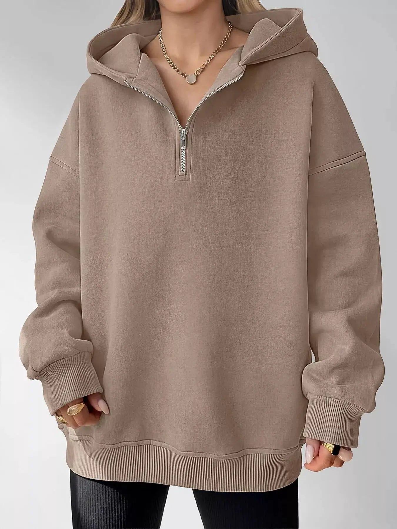 Oversized Quarter-Zip Hoodie by Trendsi