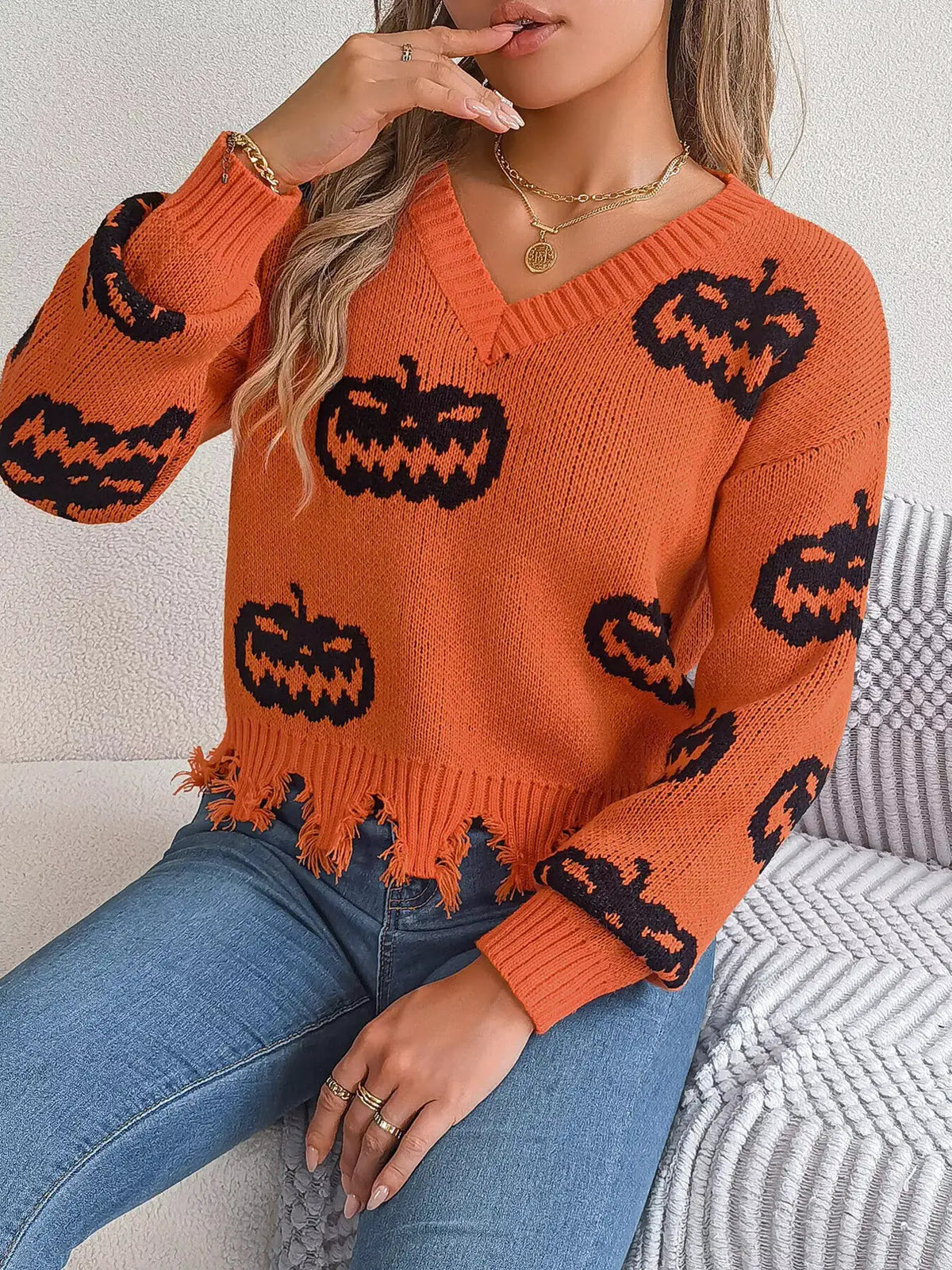 Pumpkin Distressed Hem Sweater by Trendsi