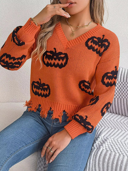 Pumpkin Distressed Hem Sweater by Trendsi