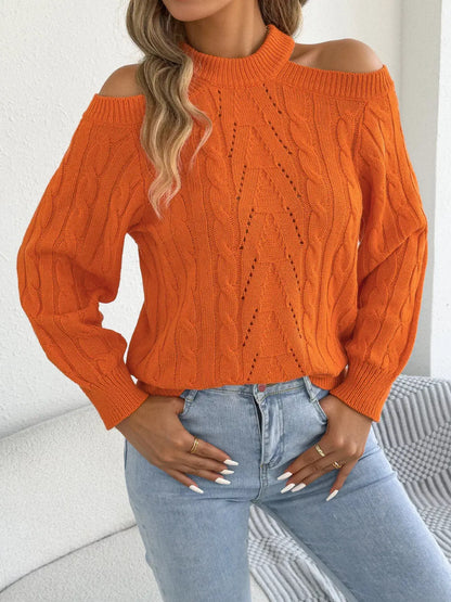 Cold Shoulder Cable Knit Sweater by Trendsi