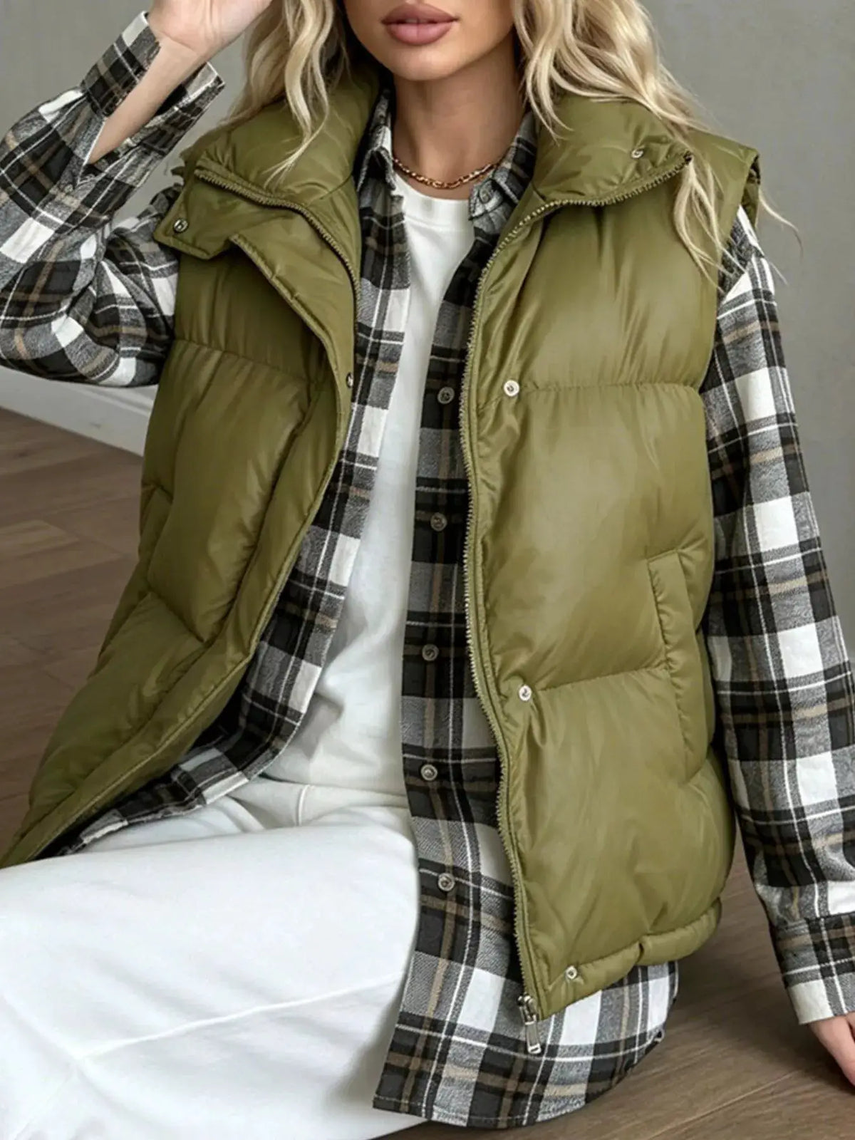 Snap-Button Placket Quilted Puffer Vest Coat by Trendsi