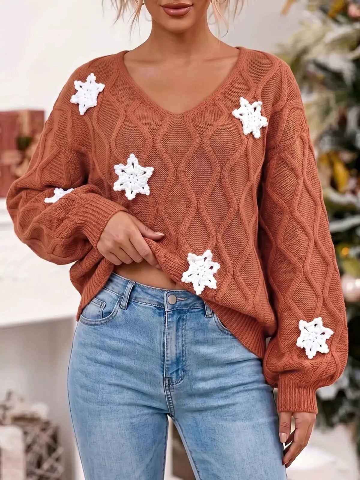 Snowflake Textured V-Neck Sweater by Trendsi