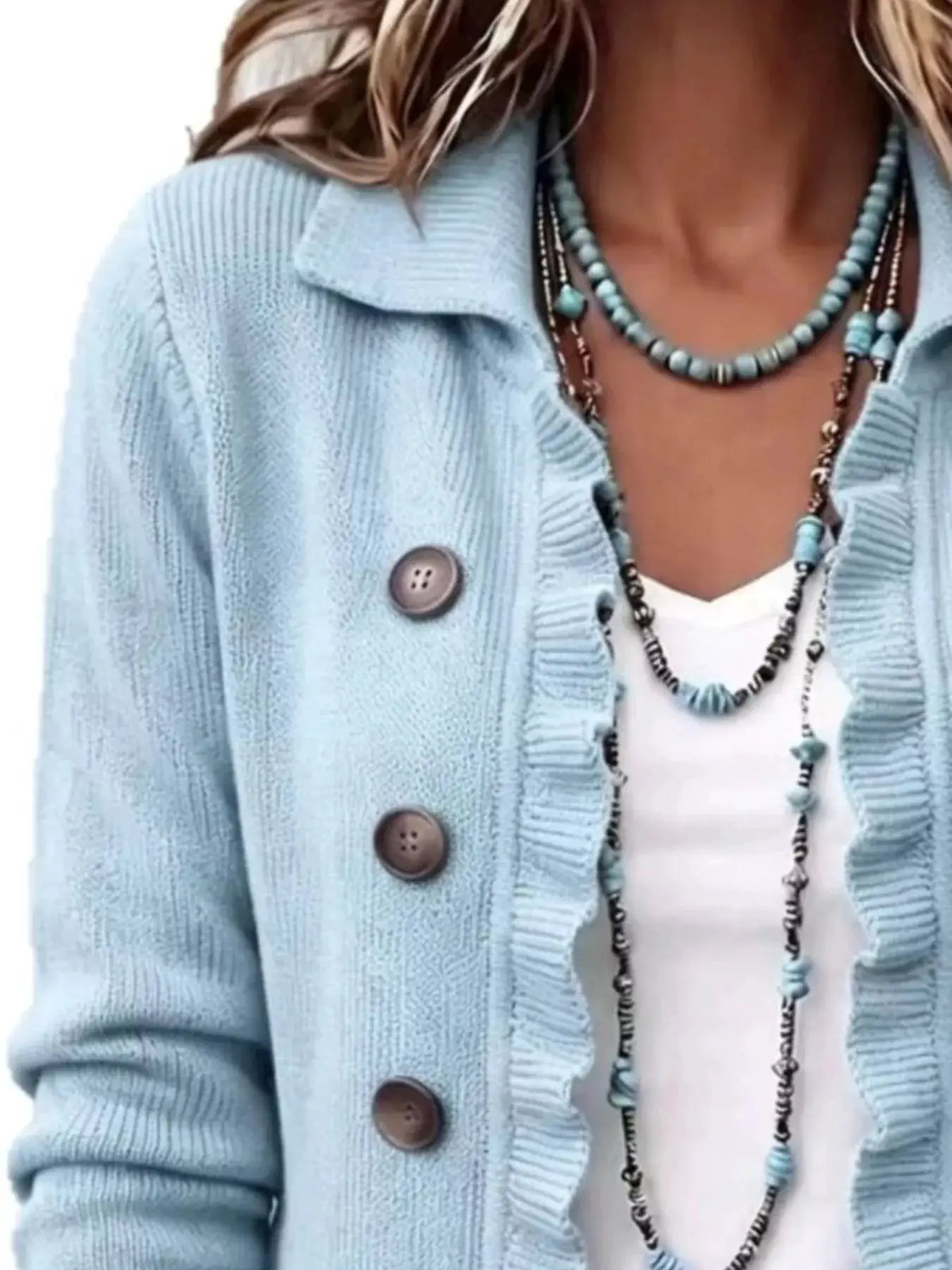 Full Size Ruffled Trim Decorative Button Cardigan Plus Size by Trendsi
