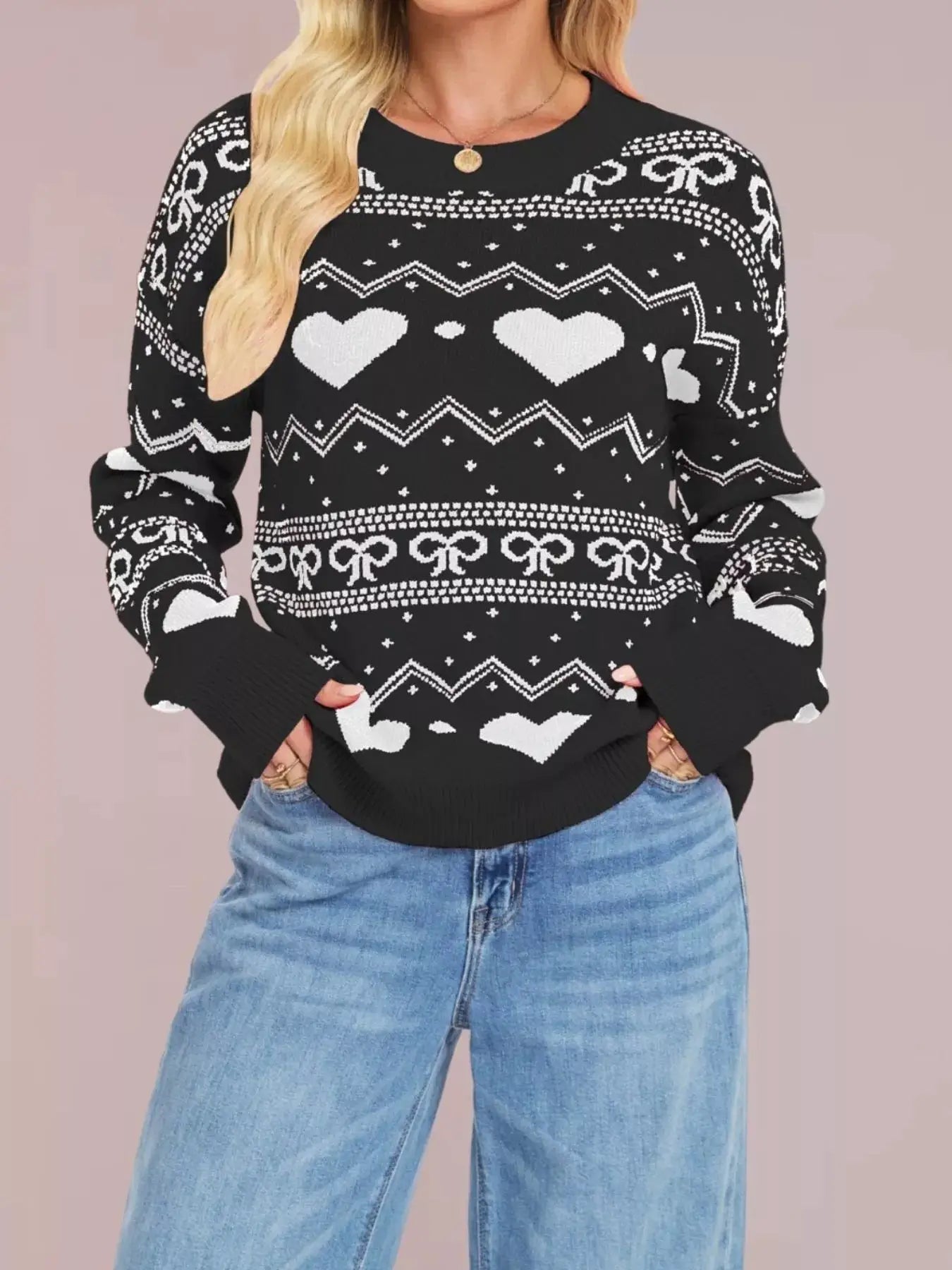Heart Pattern Dropped Shoulder Sweater by Trendsi