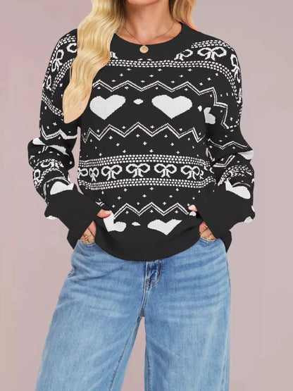 Heart Pattern Dropped Shoulder Sweater by Trendsi