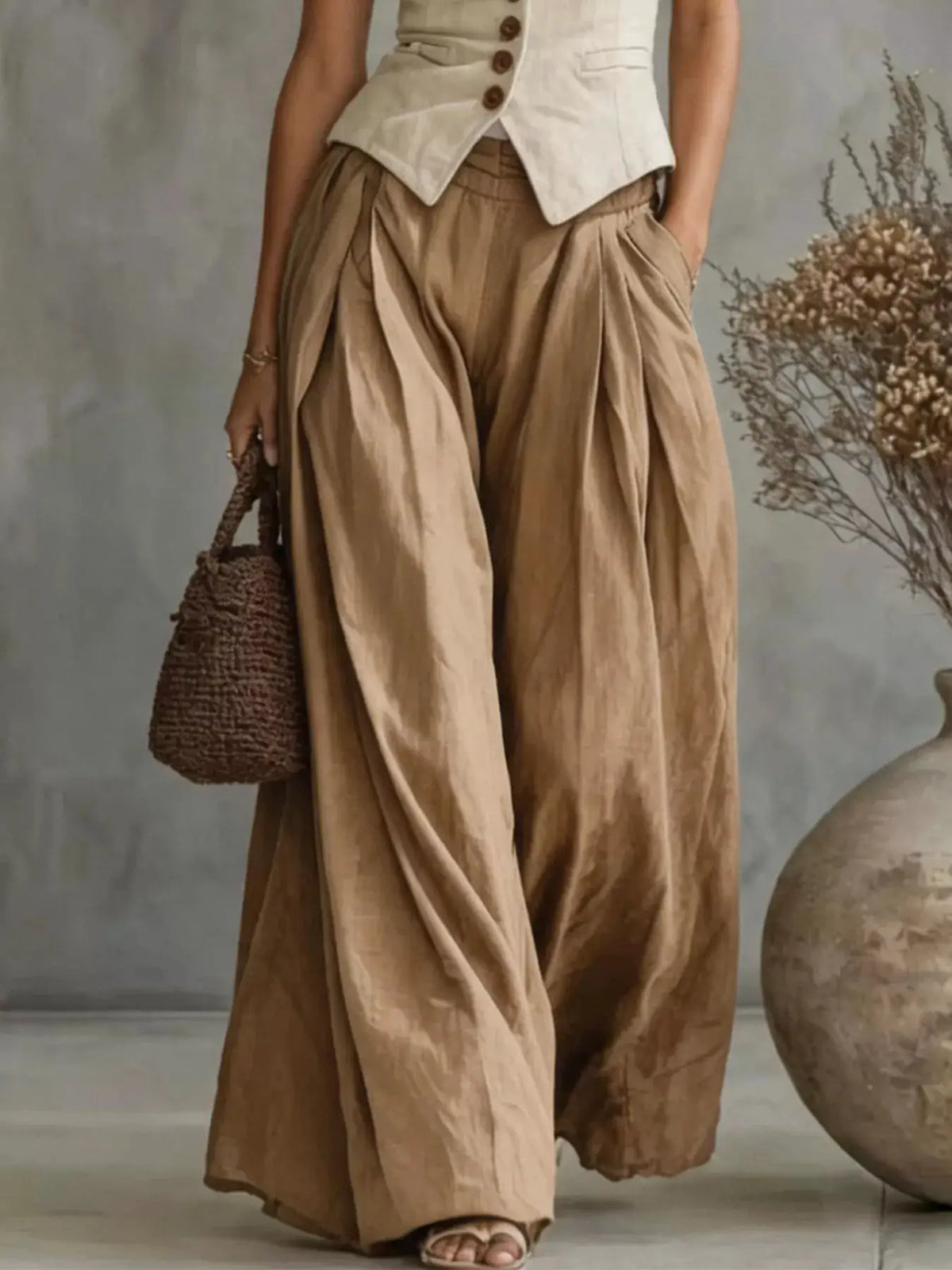 High-Waisted Pleated Wide-Leg Pants by Trendsi