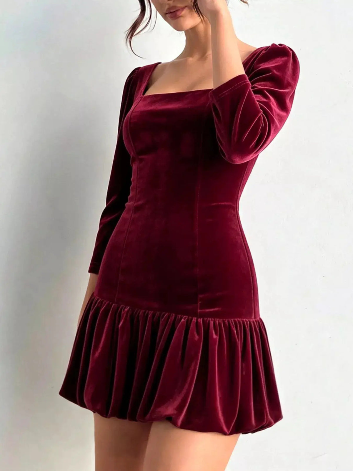 Christmas Velvet Square Neck Mini Dress with Ruffled Hem by Trendsi