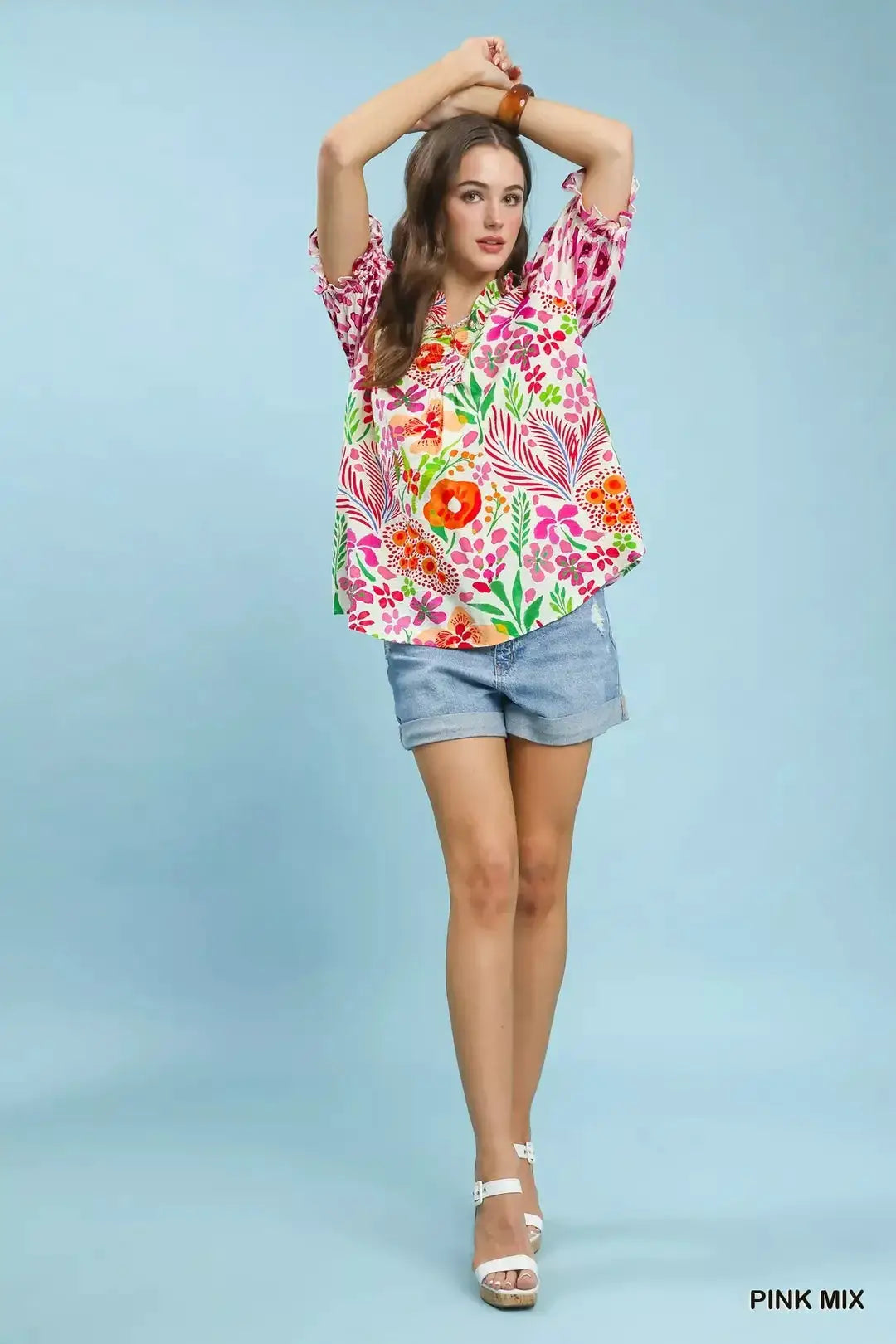 Umgee V-Neck Ruffle Trim Puff Sleeve Top by Trendsi