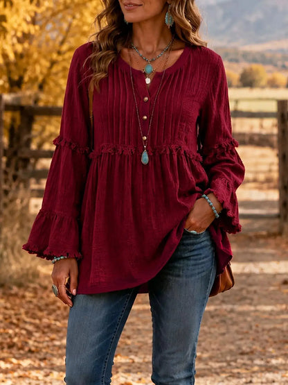 Full Size Fringe Trim Ruffle Sleeve Blouse Plus Size by Trendsi