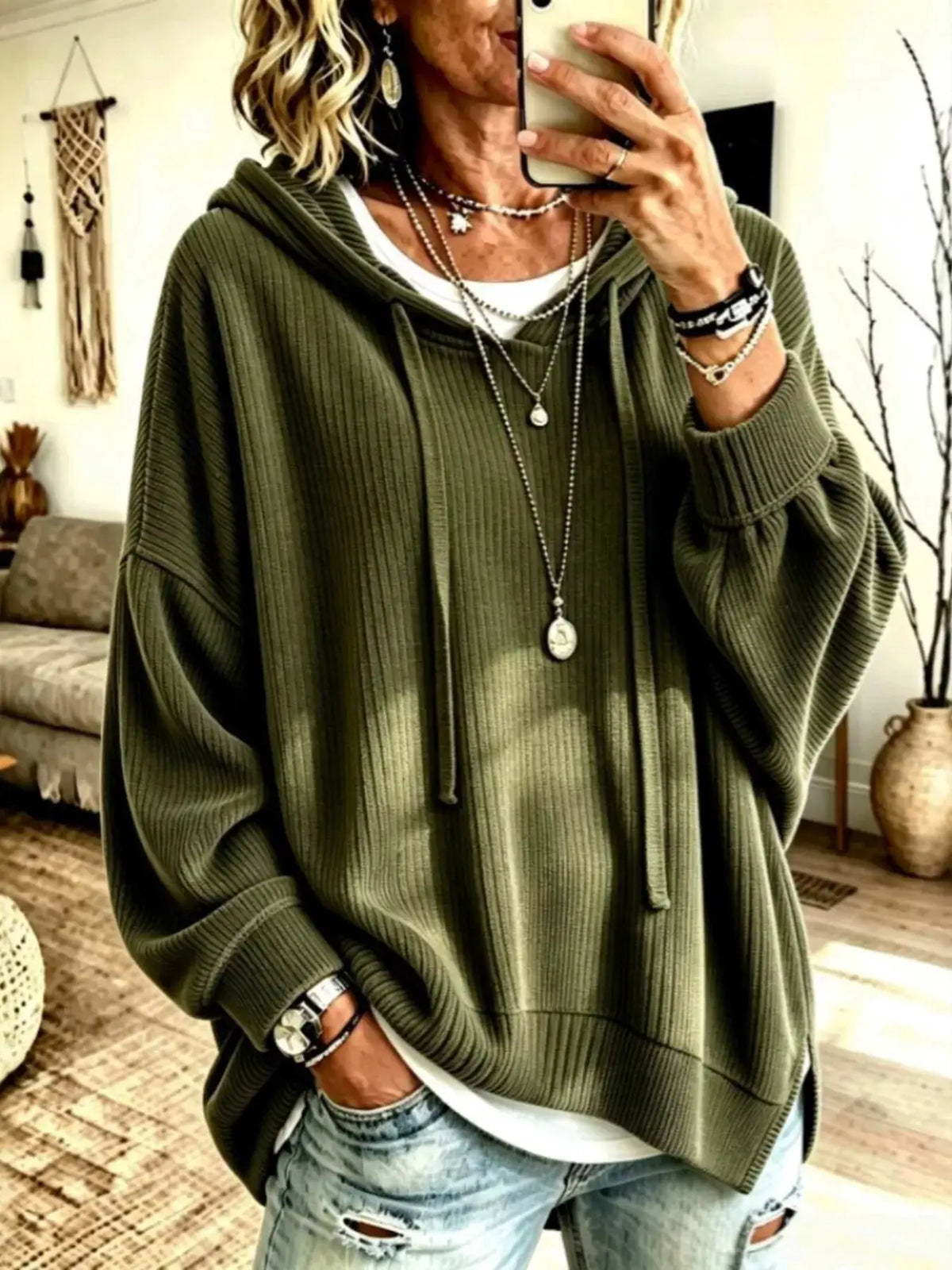 Drawstring Ribbed Knit Hoodie by Trendsi