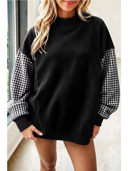 Gingham Sleeves Round Neck Sweatshirt by Trendsi