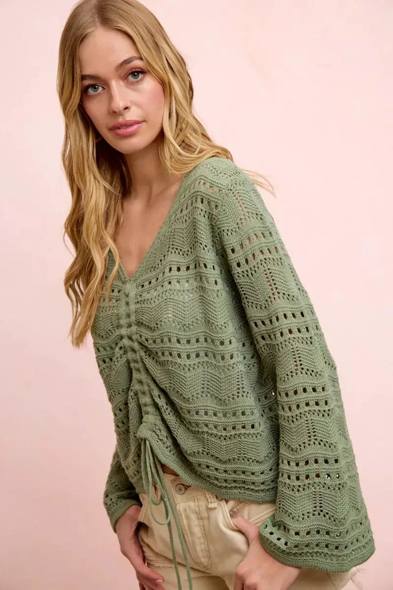 BiBi Pointelle Knit V Neck Ruched Front Lightweight Top by Trendsi