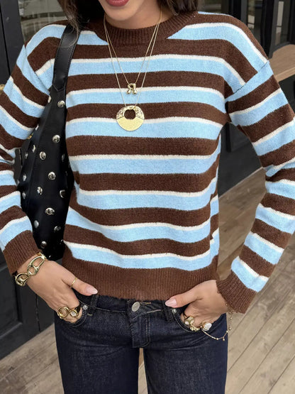 Striped Crew Neck Knit Sweater by Trendsi