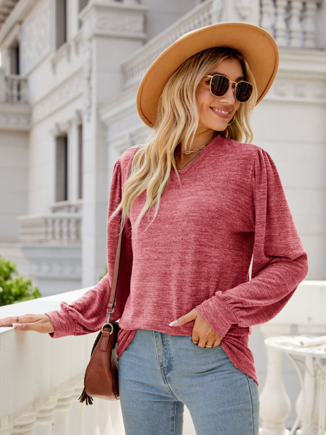 Heathered V-Neck Long Sleeve T-Shirt