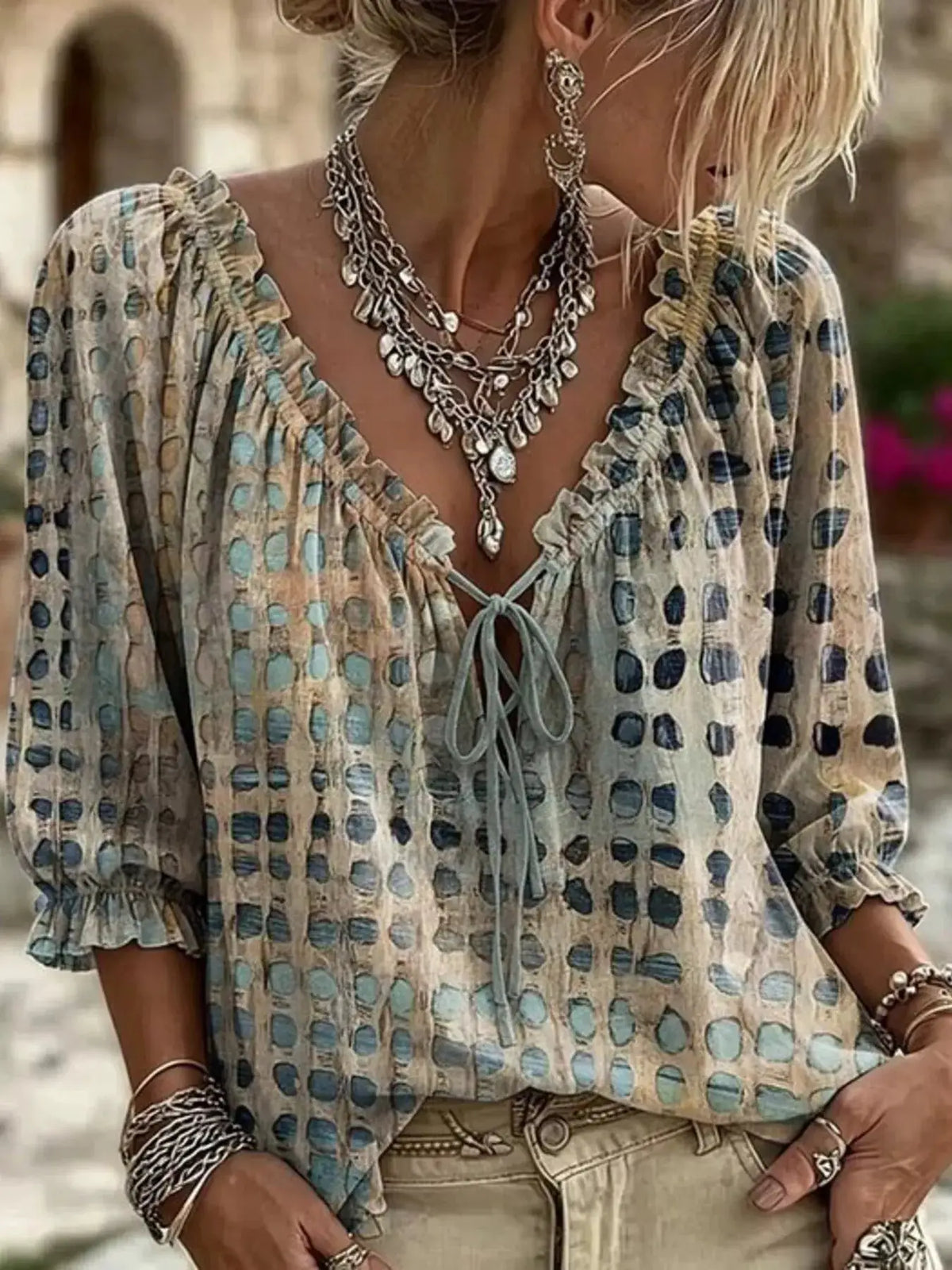 Full Size Tie Neck 3/4 Sleeve Blouse Plus Size by Trendsi