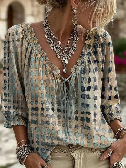 Full Size Tie Neck 3/4 Sleeve Blouse Plus Size by Trendsi