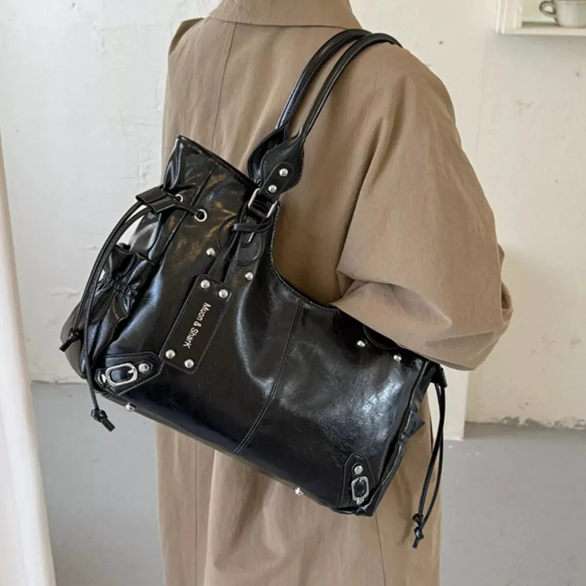 Drawstring Leather Handbag by Trendsi