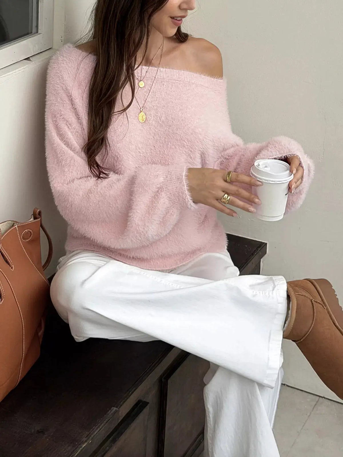 Fuzzy Boat Neck Sweater by Trendsi