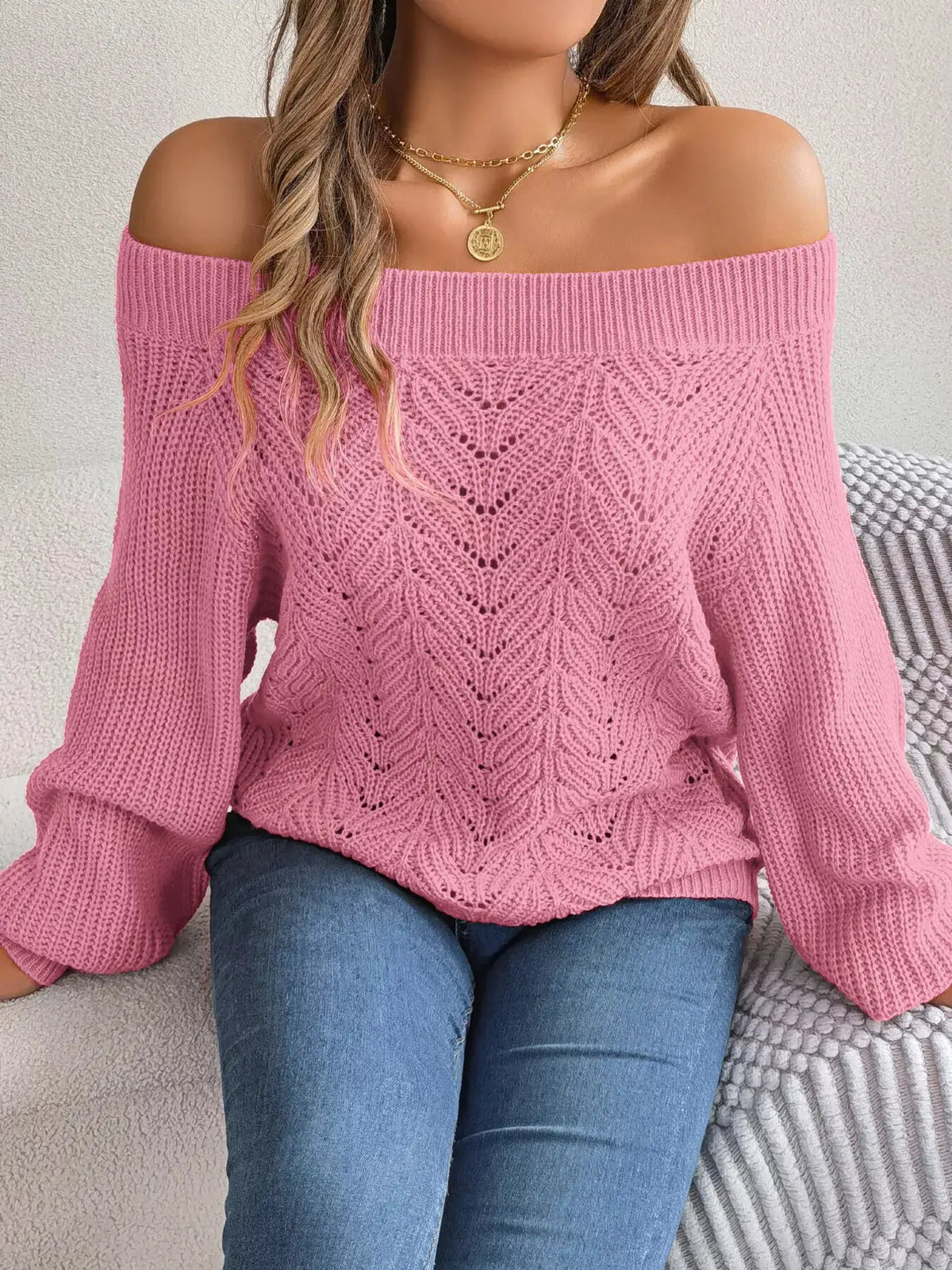 Openwork Off-Shoulder Sweater by Trendsi