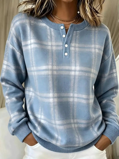Full Size Plaid Button Detail Long Sleeve Sweatshirt Plus Size by Trendsi