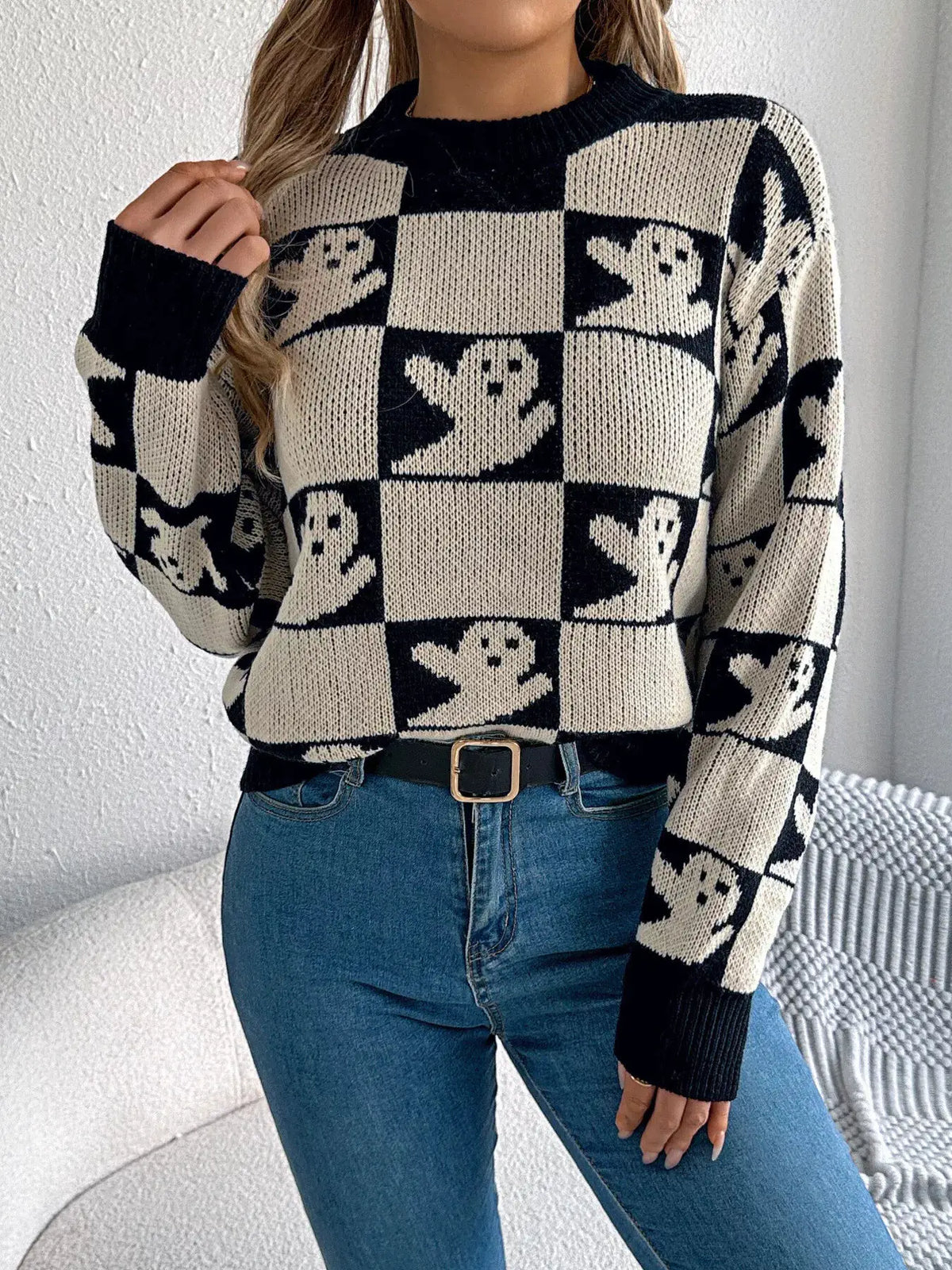 Checkerboard Halloween Graphic Sweater by Trendsi